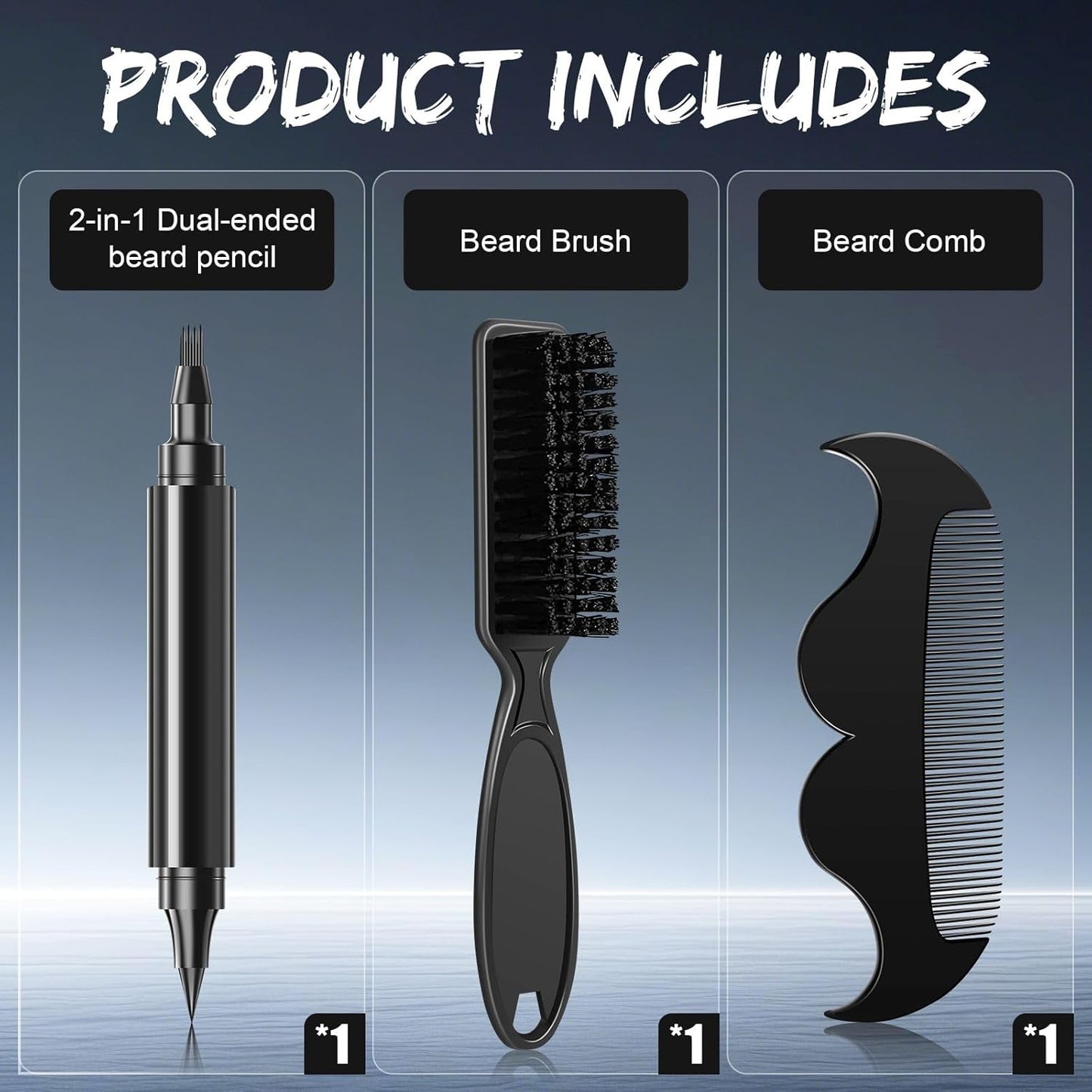 Beard Pencil Filler for Men Black - Beard Pen with Beard Brush & Comb, Barber Pencil Dual-Head Beard Filler with 4-Fork-Tip Waterproof Grooming Kit for Men, Gifts for Men (Black)