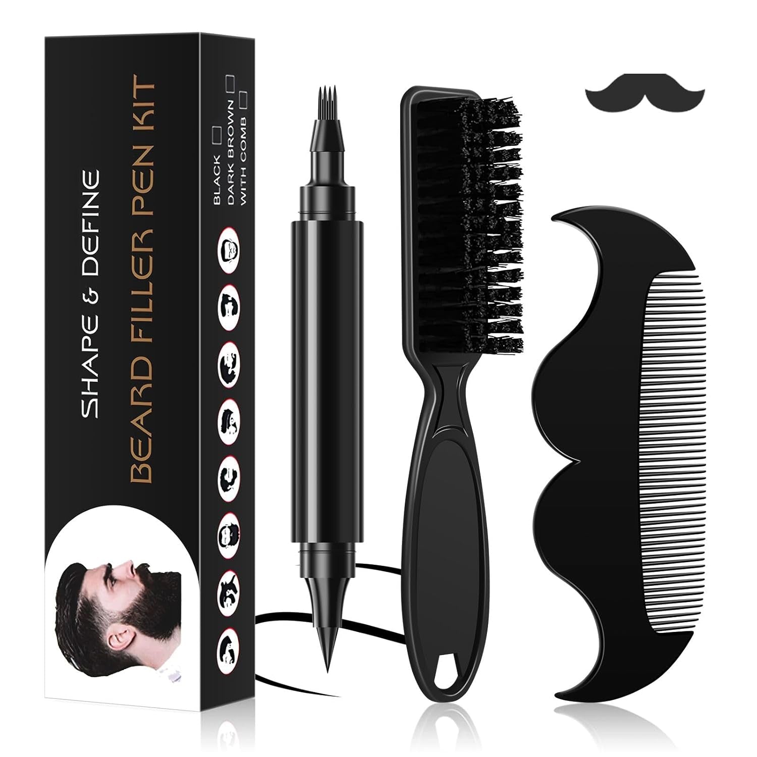 Beard Pencil Filler for Men Black - Beard Pen with Beard Brush & Comb, Barber Pencil Dual-Head Beard Filler with 4-Fork-Tip Waterproof Grooming Kit for Men, Gifts for Men (Black)