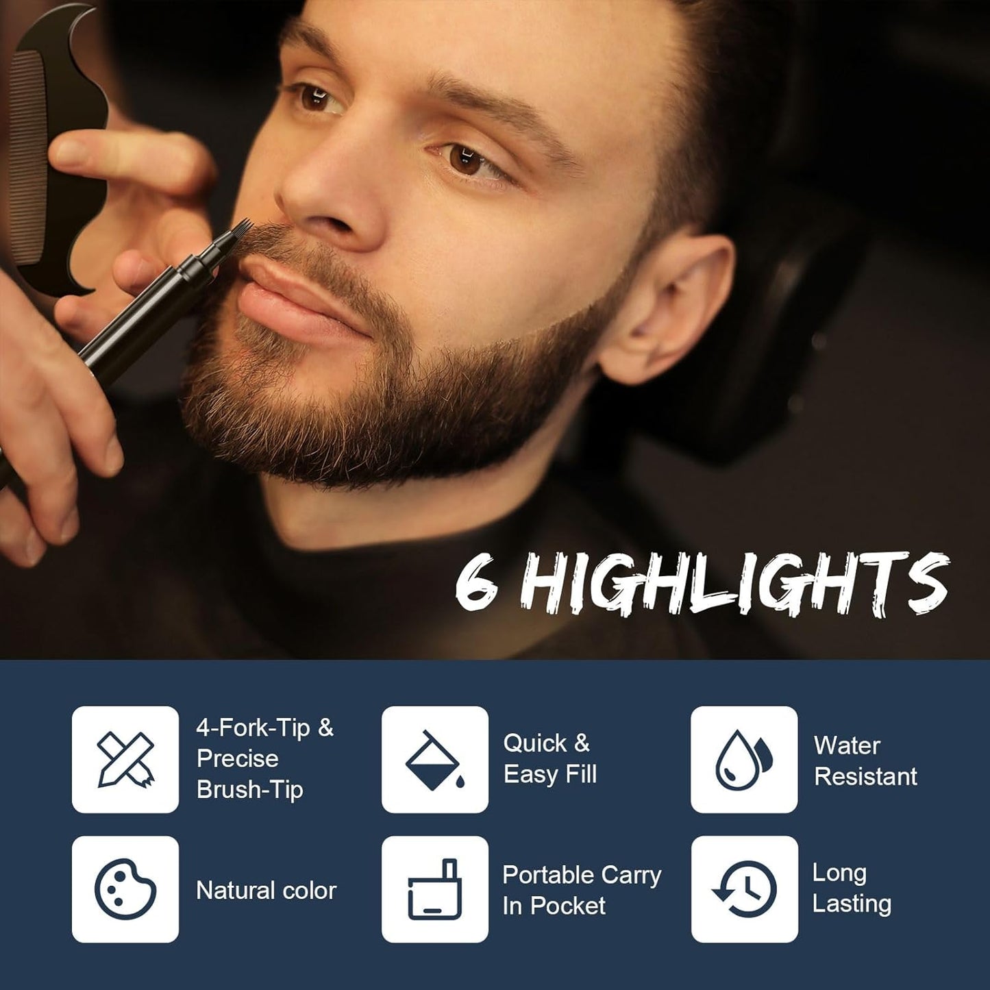 Beard Pencil Filler for Men Black - Beard Pen with Beard Brush & Comb, Barber Pencil Dual-Head Beard Filler with 4-Fork-Tip Waterproof Grooming Kit for Men, Gifts for Men (Black)