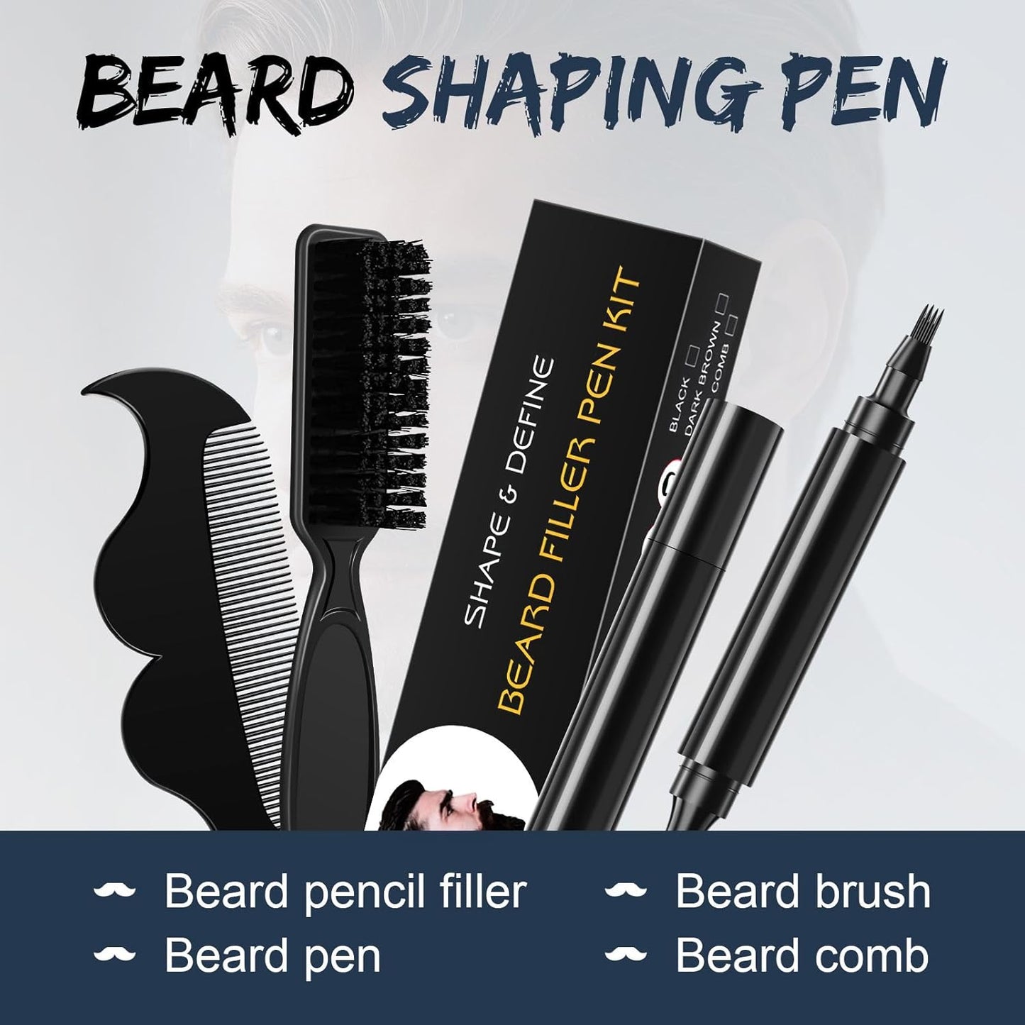 Beard Pencil Filler for Men Black - Beard Pen with Beard Brush & Comb, Barber Pencil Dual-Head Beard Filler with 4-Fork-Tip Waterproof Grooming Kit for Men, Gifts for Men (Black)
