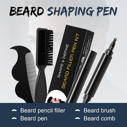 Beard Pencil Filler for Men Black - Beard Pen with Beard Brush & Comb, Barber Pencil Dual-Head Beard Filler with 4-Fork-Tip Waterproof Grooming Kit for Men, Gifts for Men (Black)