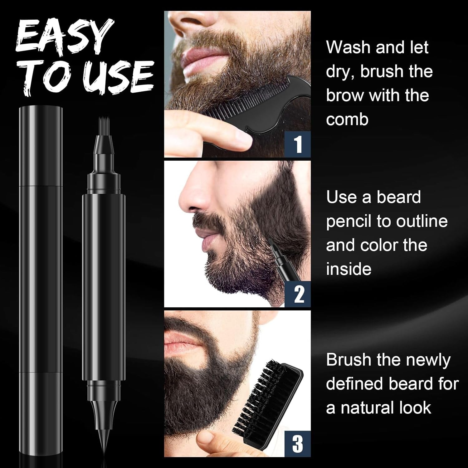 Beard Pencil Filler for Men Black - Beard Pen with Beard Brush & Comb, Barber Pencil Dual-Head Beard Filler with 4-Fork-Tip Waterproof Grooming Kit for Men, Gifts for Men (Black)