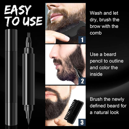 Beard Pencil Filler for Men Black - Beard Pen with Beard Brush & Comb, Barber Pencil Dual-Head Beard Filler with 4-Fork-Tip Waterproof Grooming Kit for Men, Gifts for Men (Black)