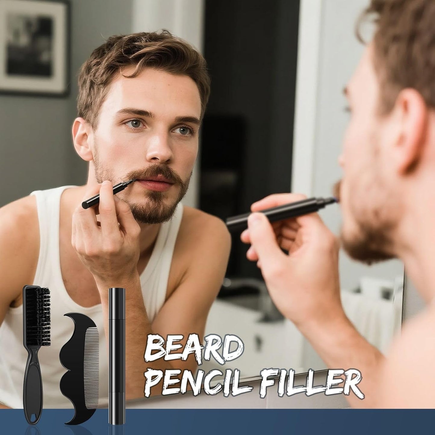 Beard Pencil Filler for Men Black - Beard Pen with Beard Brush & Comb, Barber Pencil Dual-Head Beard Filler with 4-Fork-Tip Waterproof Grooming Kit for Men, Gifts for Men (Black)