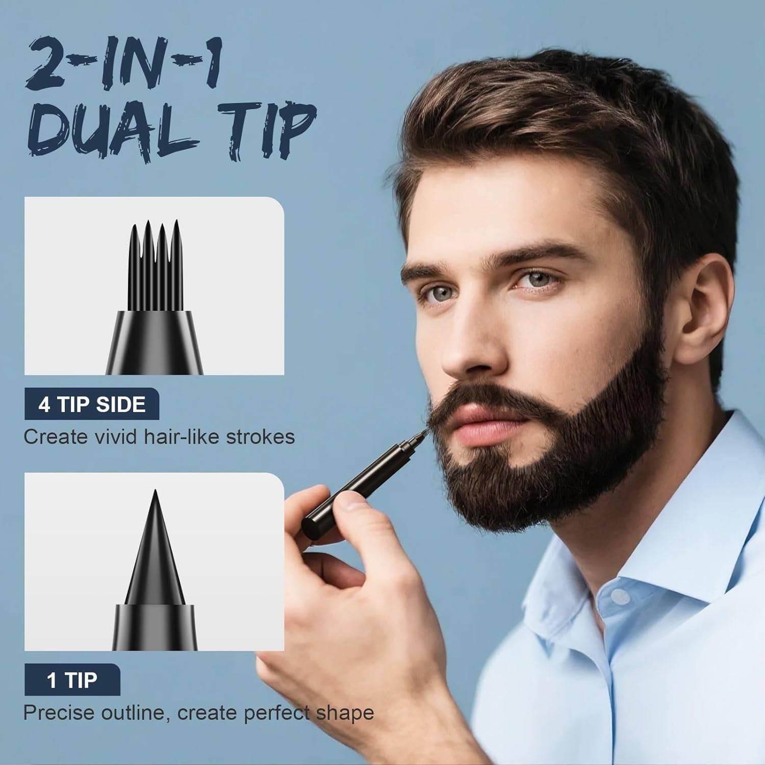 Beard Pencil Filler for Men Black - Beard Pen with Beard Brush & Comb, Barber Pencil Dual-Head Beard Filler with 4-Fork-Tip Waterproof Grooming Kit for Men, Gifts for Men (Black)